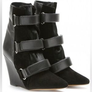 Vintage Isabel Marant Leather Pony Hair Scarlet Black Strap Wedge Ankle Boots 8